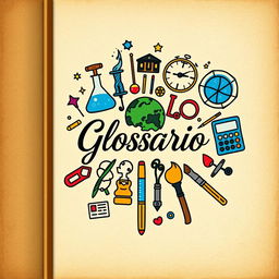 An artistic cover design for a glossary, featuring a collage of various symbols and icons representing different subjects: a quill pen for literature, a flask for science, a globe for geography, a calculator for mathematics, and a paintbrush for art