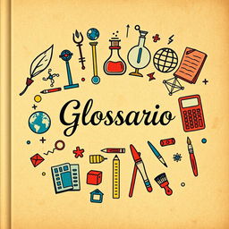 An artistic cover design for a glossary, featuring a collage of various symbols and icons representing different subjects: a quill pen for literature, a flask for science, a globe for geography, a calculator for mathematics, and a paintbrush for art