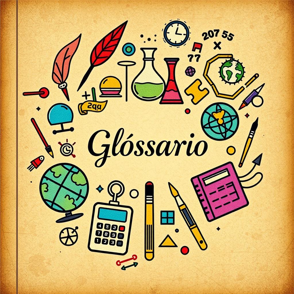 An artistic cover design for a glossary, featuring a collage of various symbols and icons representing different subjects: a quill pen for literature, a flask for science, a globe for geography, a calculator for mathematics, and a paintbrush for art