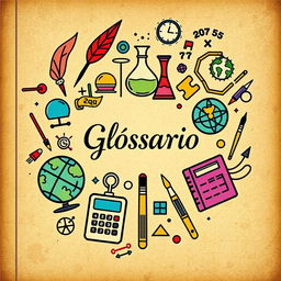 An artistic cover design for a glossary, featuring a collage of various symbols and icons representing different subjects: a quill pen for literature, a flask for science, a globe for geography, a calculator for mathematics, and a paintbrush for art