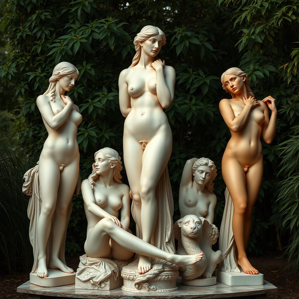 artistic composition of nude women, classical statue-like poses, soft lighting, serene expressions, harmonious and balanced arrangement, natural setting with lush greenery