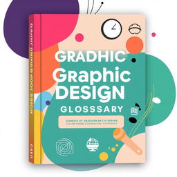 Creative cover design for a glossary on graphic design, featuring abstract patterns, bold typography, and elements of design such as color theory, composition, and typography