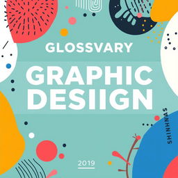 Creative cover design for a glossary on graphic design, featuring abstract patterns, bold typography, and elements of design such as color theory, composition, and typography