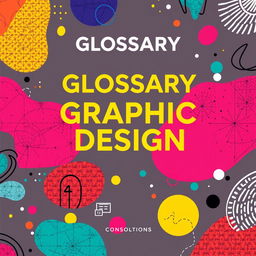 Creative cover design for a glossary on graphic design, featuring abstract patterns, bold typography, and elements of design such as color theory, composition, and typography