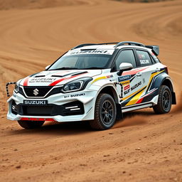 A modified 2023 Suzuki Baleno in white, transformed into a rally edition