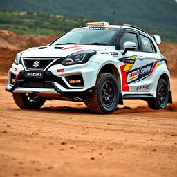 A modified 2023 Suzuki Baleno in white, transformed into a rally edition