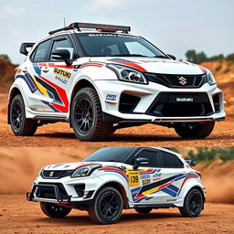 A modified 2023 Suzuki Baleno in white, transformed into a rally edition