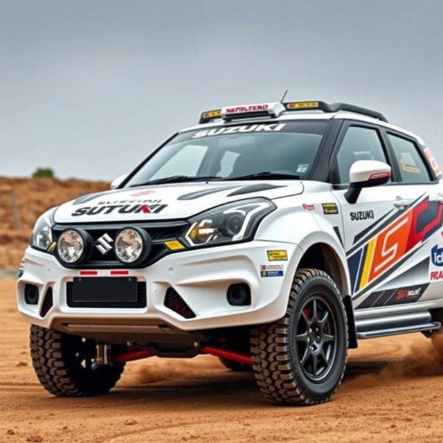 A modified 2023 Suzuki Baleno in white, transformed into a rally edition