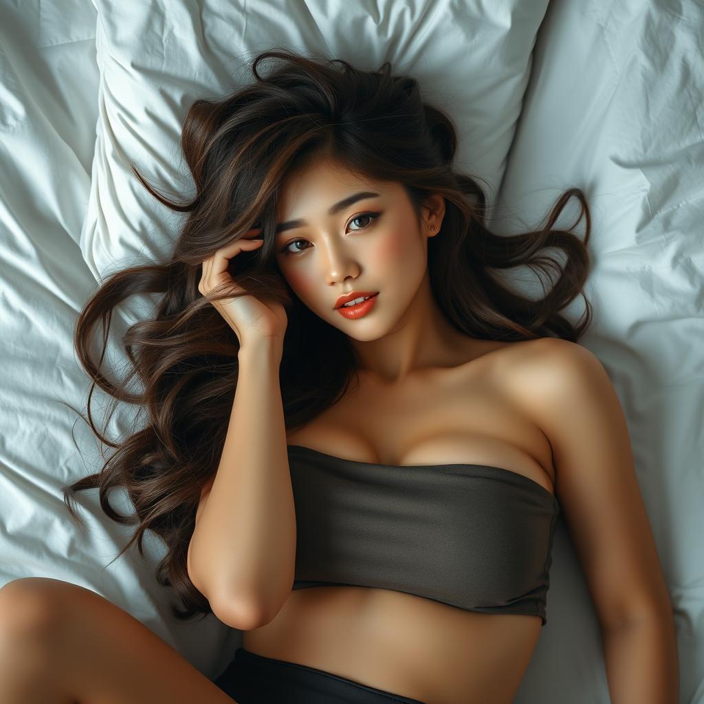 A stunning Korean woman with wavy hair lies on a bed in a sensual pose, wearing a sexy short skirt