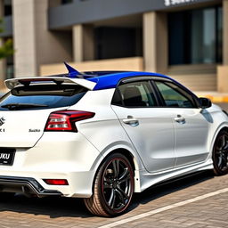 A 2023 Maruti Suzuki Baleno in white, elegantly modified to include a rear wing inspired by the Koenigsegg Jesko, giving it a sporty and high-performance look