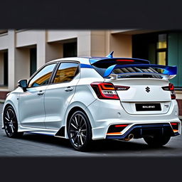 A 2023 Maruti Suzuki Baleno in white, elegantly modified to include a rear wing inspired by the Koenigsegg Jesko, giving it a sporty and high-performance look