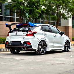 A 2023 Maruti Suzuki Baleno in white, elegantly modified to include a rear wing inspired by the Koenigsegg Jesko, giving it a sporty and high-performance look