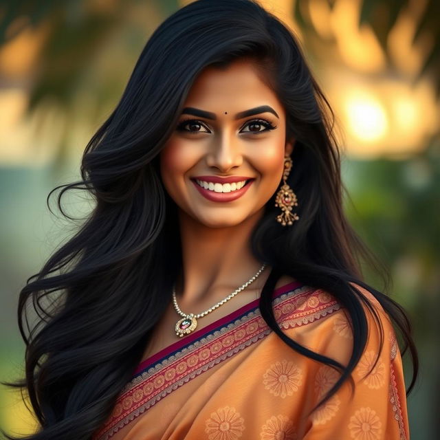 A beautifully detailed portrait of a woman with long, flowing black hair, vibrant smiling eyes, and a joyful expression