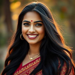 A beautifully detailed portrait of a woman with long, flowing black hair, vibrant smiling eyes, and a joyful expression