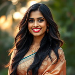 A beautifully detailed portrait of a woman with long, flowing black hair, vibrant smiling eyes, and a joyful expression