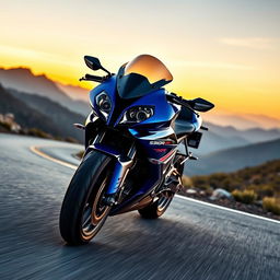 A stunning BMW S1000RR sports motorcycle on a winding mountain road with dramatic scenery