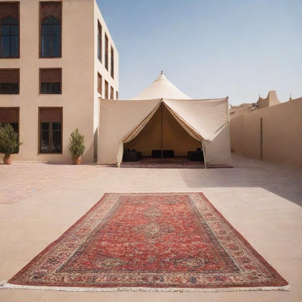 A striking composition juxtaposing a traditional tent on one side with a modern building on the other. Bridging these two worlds, an Arabic carpet is situated in the middle.