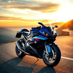 A stunning BMW S1000RR sports motorcycle on a winding mountain road with dramatic scenery