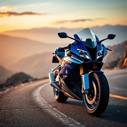 A stunning BMW S1000RR sports motorcycle on a winding mountain road with dramatic scenery