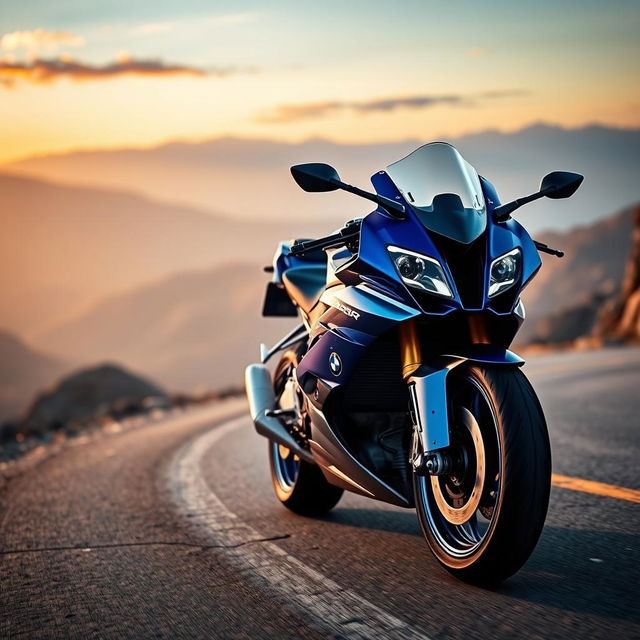 A stunning BMW S1000RR sports motorcycle on a winding mountain road with dramatic scenery