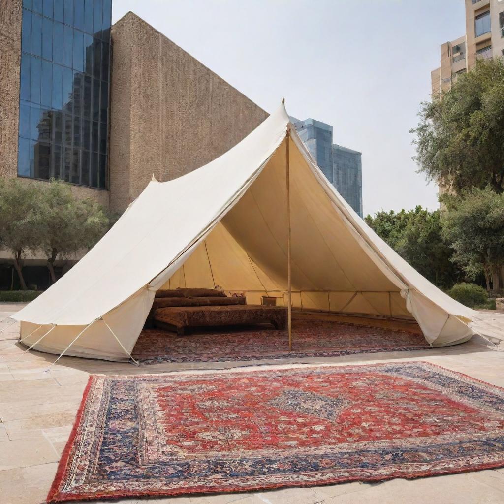 A striking composition juxtaposing a traditional tent on one side with a modern building on the other. Bridging these two worlds, an Arabic carpet is situated in the middle.