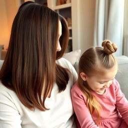 A mother with very long, smooth, and flowing hair that is not tied, next to her daughter who has her hair neatly tied up