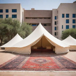 A striking composition juxtaposing a traditional tent on one side with a modern building on the other. Bridging these two worlds, an Arabic carpet is situated in the middle.