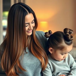 A mother with very long, smooth, and flowing hair that is not tied, next to her daughter who has her hair neatly tied up