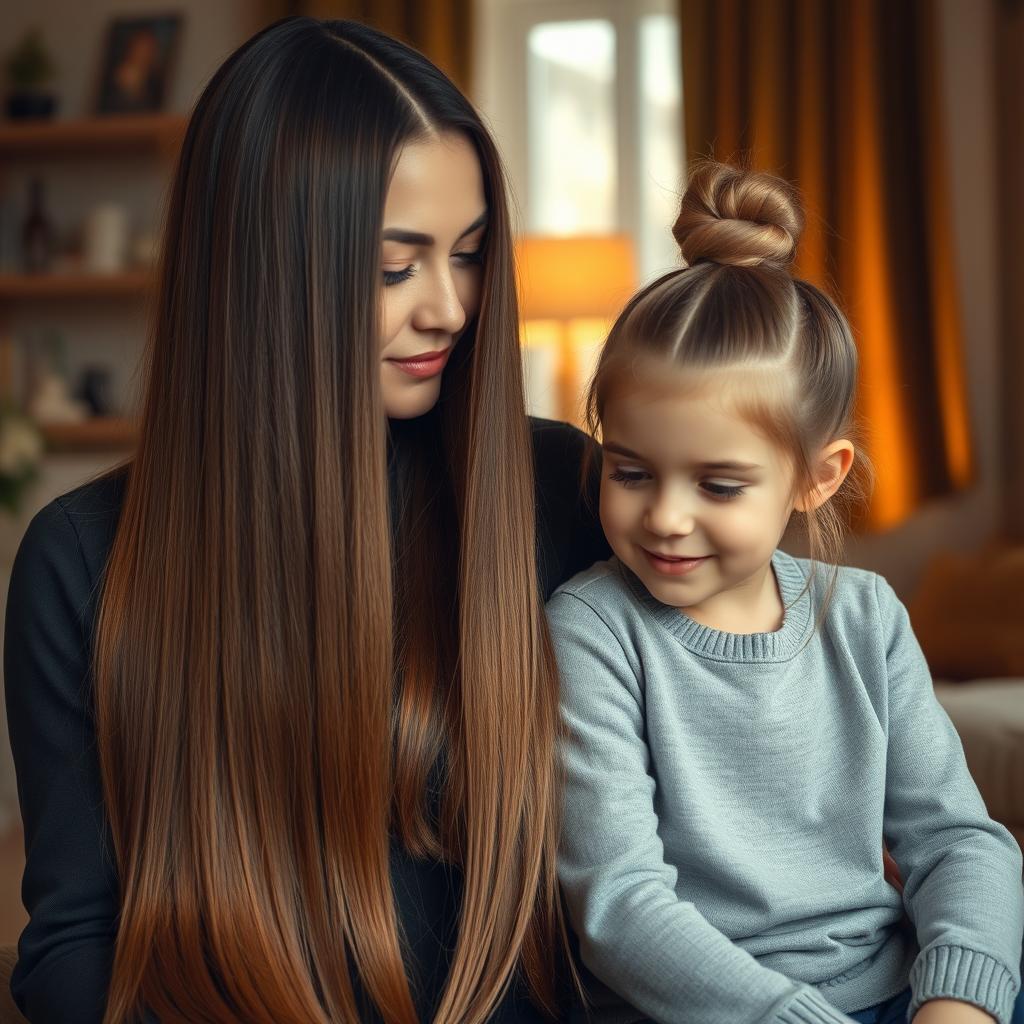 A mother with very long, smooth, and flowing hair that is not tied, next to her daughter who has her hair neatly tied up