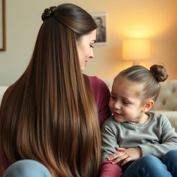 A mother with very long, smooth, and flowing hair that is not tied, next to her daughter who has her hair neatly tied up