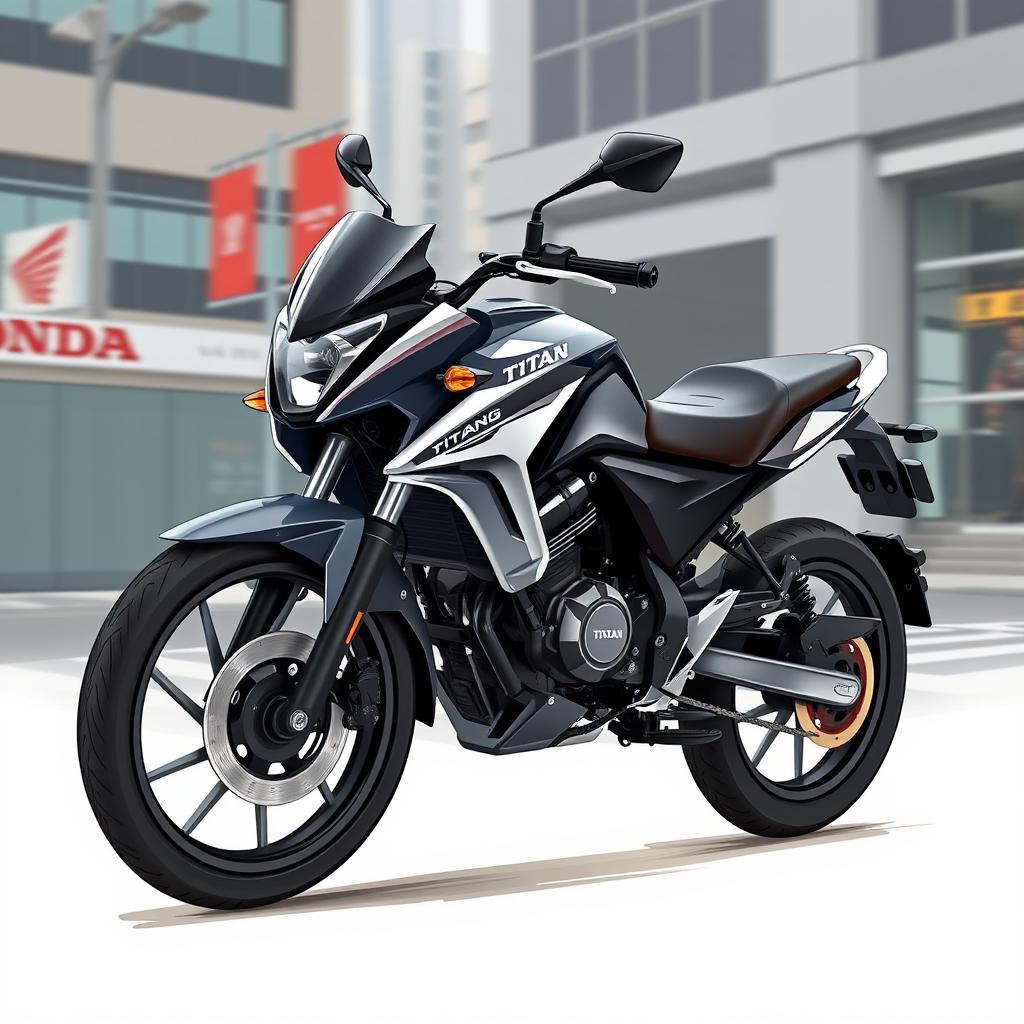 A realistic and detailed illustration of a Honda Titan 160 motorcycle showcasing its design, featuring its sleek aerodynamic body and modern styling, set in an urban environment with a hint of motion to convey speed and performance