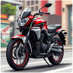 A realistic and detailed illustration of a Honda Titan 160 motorcycle showcasing its design, featuring its sleek aerodynamic body and modern styling, set in an urban environment with a hint of motion to convey speed and performance