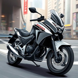 A realistic and detailed illustration of a Honda Titan 160 motorcycle showcasing its design, featuring its sleek aerodynamic body and modern styling, set in an urban environment with a hint of motion to convey speed and performance