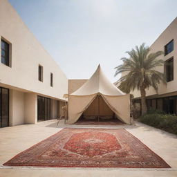 A striking composition juxtaposing a traditional tent on one side with a modern building on the other. Bridging these two worlds, an Arabic carpet is situated in the middle.