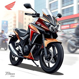 A realistic and detailed illustration of a Honda Titan 160 motorcycle showcasing its design, featuring its sleek aerodynamic body and modern styling, set in an urban environment with a hint of motion to convey speed and performance