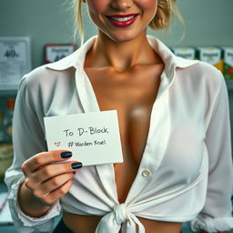 Extreme close-up of the torso of a gorgeous blonde woman, her hair styled in a chic top bun