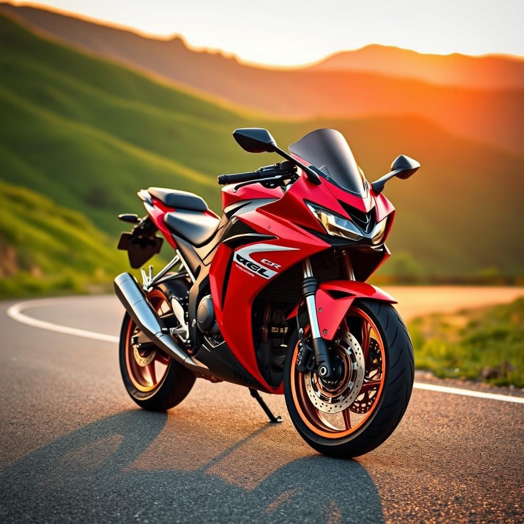 A sleek and dynamic Honda CBR600 motorcycle, gracefully parked on a scenic road curving through lush green hills