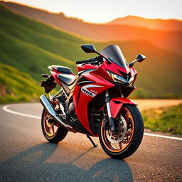 A sleek and dynamic Honda CBR600 motorcycle, gracefully parked on a scenic road curving through lush green hills