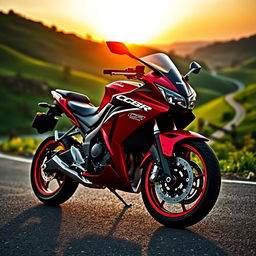 A sleek and dynamic Honda CBR600 motorcycle, gracefully parked on a scenic road curving through lush green hills