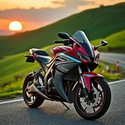 A sleek and dynamic Honda CBR600 motorcycle, gracefully parked on a scenic road curving through lush green hills