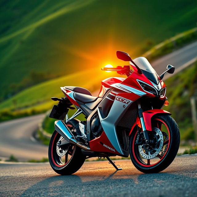 A sleek and dynamic Honda CBR600 motorcycle, gracefully parked on a scenic road curving through lush green hills