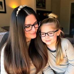 A mother with very long, smooth, and flowing hair that is not tied, wearing a stylish hairband and glasses