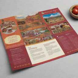 Design a visually appealing, colorful brochure for a place named 'Ajiāngaden', featuring highlights about its culture, attractions, and native cuisine.