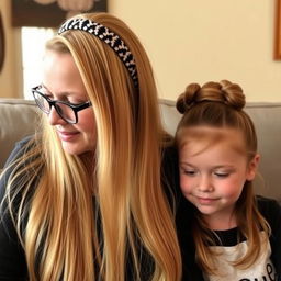 A mother with very long, smooth, and flowing hair that is not tied, wearing a stylish hairband and glasses