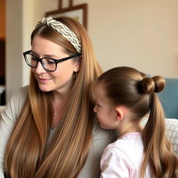 A mother with very long, smooth, and flowing hair that is not tied, wearing a stylish hairband and glasses