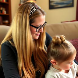 A mother with very long, smooth, and flowing hair that is not tied, wearing a stylish hairband and glasses