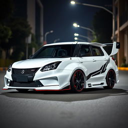 A Suzuki Baleno painted in a sleek white, modified with aerodynamic sports car features