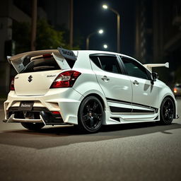 A Suzuki Baleno painted in a sleek white, modified with aerodynamic sports car features