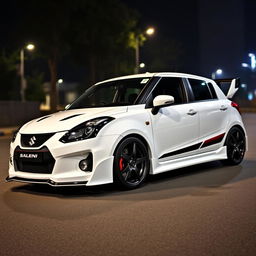 A Suzuki Baleno painted in a sleek white, modified with aerodynamic sports car features