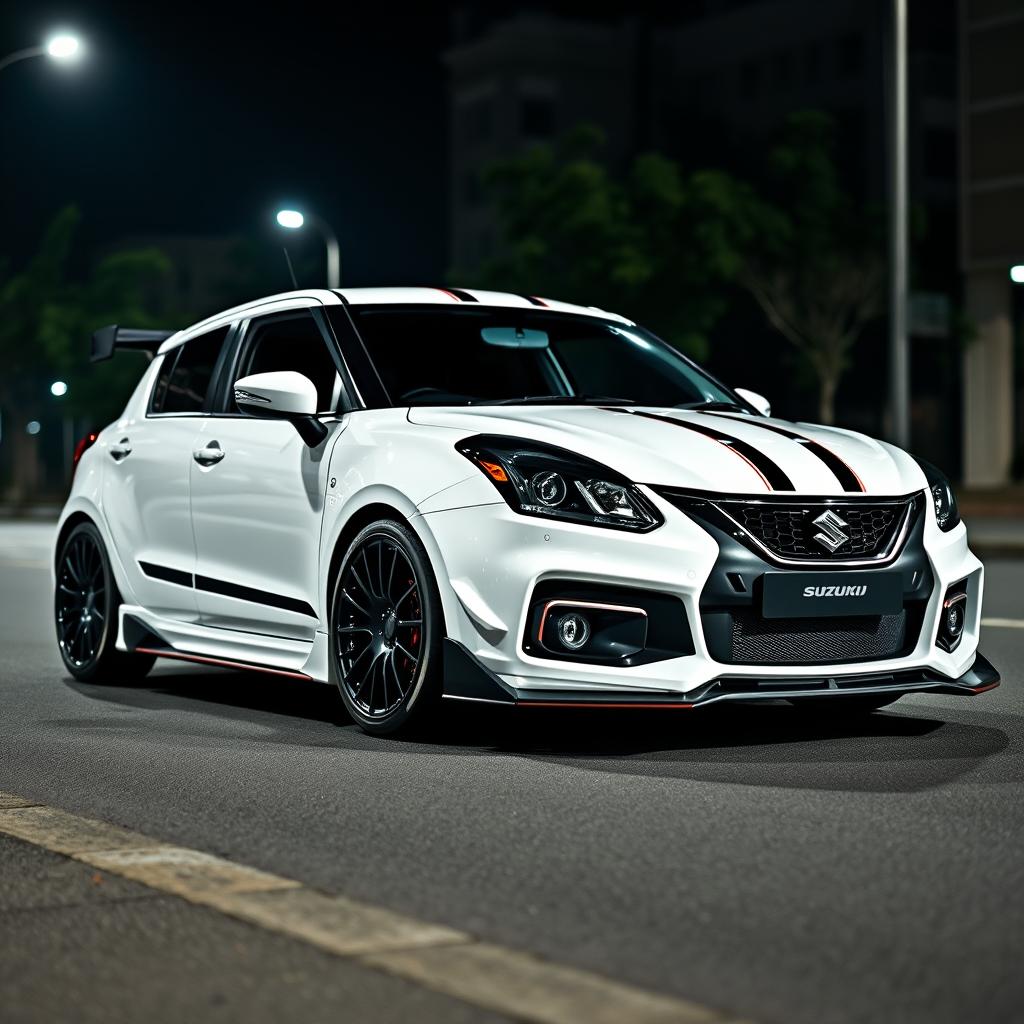 A Suzuki Baleno painted in a sleek white, modified with aerodynamic sports car features